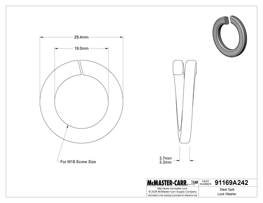 McMaster 91169A242 Steel Split Lock Washer, for M18 Screw Size, 19 mm ID, 29.4 mm OD, Pack of 50