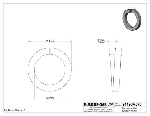 McMaster 91190A570 Black-Oxide Steel Split Lock Washer, for M12 Socket Head Screws, 12.7 mm ID, 18 mm OD, Pack of 100