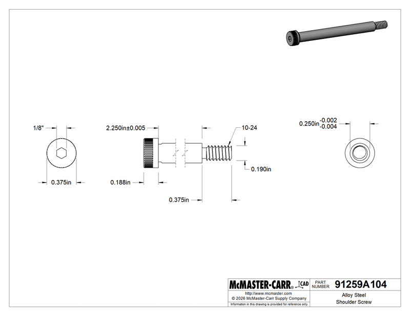 McMaster 91259A104 Alloy Steel Shoulder Screw 1/4" Shoulder Diameter, 2-1/4" Shoulder Length, 10-24 Thread