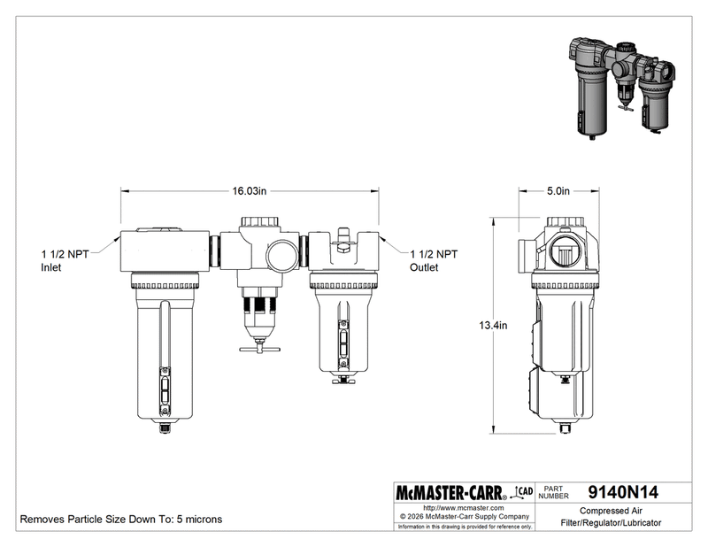 McMaster 9140N14 Compressed Air Filter/Regulator/Lubricator, Inline with Aluminum Bowl, 1-1/2 NPT Female