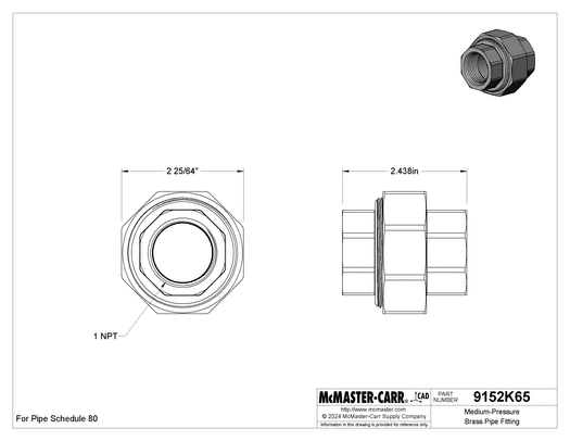 McMaster 9152K65 Medium-Pressure Brass Pipe Fitting Union Straight Connector, 1 NPT Female