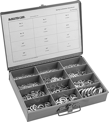 McMaster 91765A112 Split Lock Washer Assortment for Inch Screw Sizes, Zin-Plated Steel, 350 Pieces