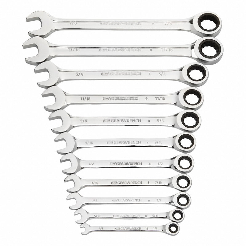 Gearwrench 9312 Combination Ratcheting Wrench Set, Alloy Steel, Full Polish Chrome, 13 Tools, Std, SAE