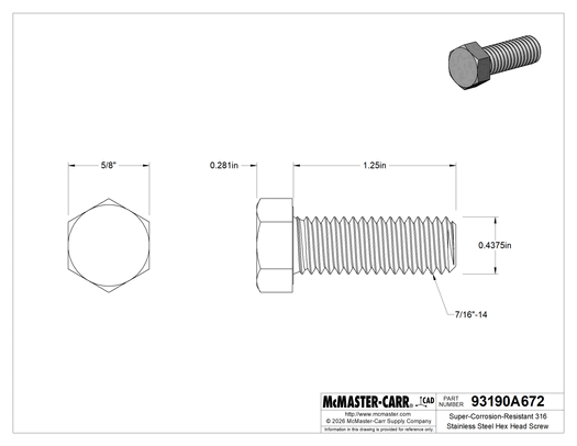McMaster 93190A672 Super-Corrosion-Resistant 316 Stainless Steel Hex Head Screw 7/16"-14 Thread Size, 1-1/4" Long
