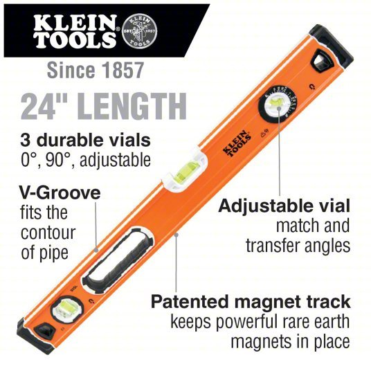 Klein 935L Bubble Level, 3 Vial, 24-Inch