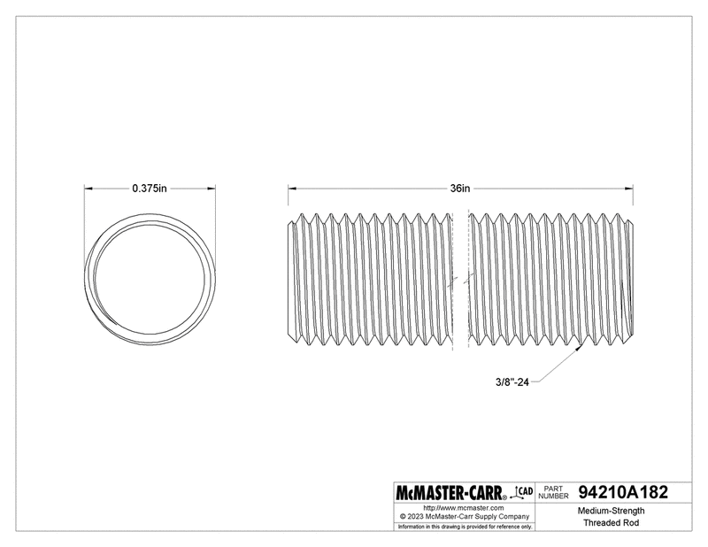 McMaster 94210A182 Medium-Strength Threaded Rod, Black-Oxide Grade B7 Steel, 3/8"-24 Thread Size, 3 Feet Long