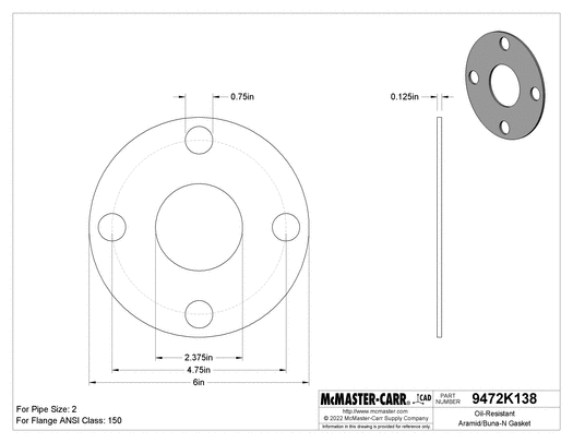 McMaster 9472K636 Oil-Resistant Aramid/Buna-N Gasket with Bolt Holes, for 2 Pipe Size, ANSI Class 150, 1/8" Thick