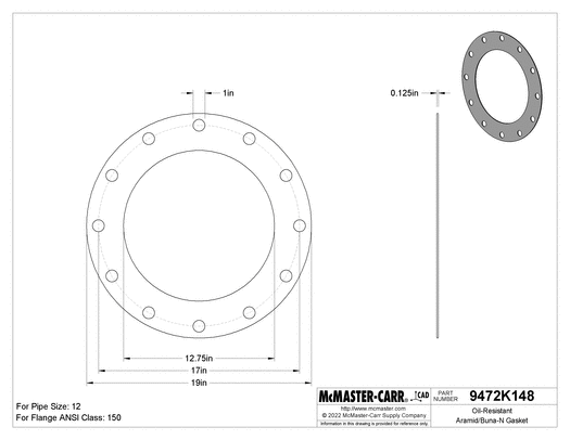 McMaster 9472K646 Oil-Resistant Aramid/Buna-N Gasket with Bolt Holes, for 12 Pipe Size, ANSI Class 150, 1/8" Thick