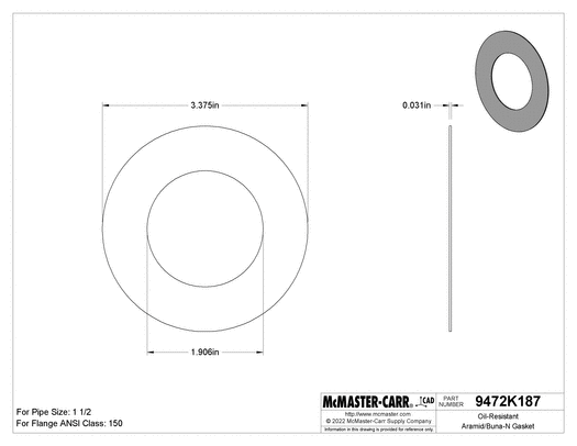 McMaster 9472K615 Oil-Resistant Aramid/Buna-N Gasket for 1-1/2 Pipe Size, ANSI Class 150, 1/8 Thickness