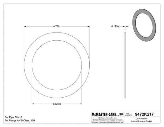 McMaster 9472K623 Oil-Resistant Aramid/Buna-N Gasket for 6 Pipe Size, ANSI Class 150, 1/8" Thick