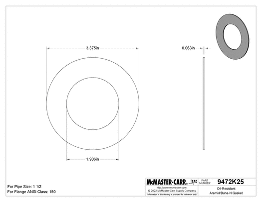 McMaster 9472K615 Oil-Resistant Aramid/Buna-N Gasket for 1-1/2 Pipe Size, ANSI Class 150, 1/16" Thick