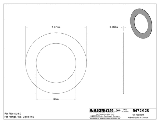 McMaster 9472K618 Oil-Resistant Aramid/Buna-N Gasket for 3 Pipe Size, ANSI Class 150, 1/16 in Thickness
