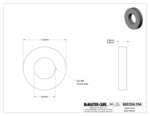 McMaster 98035A104 Black-Oxide Steel Washer, Oversized, for M6 Screw Size, 6.4 mm ID, 13.0 mm OD, Pack of 10