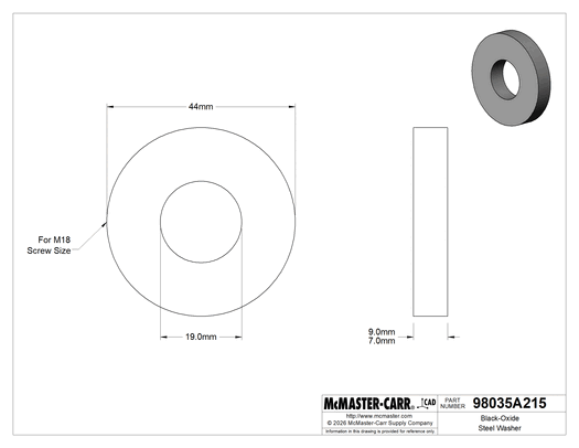 McMaster 98035A215 Black-Oxide Steel Washer, Oversized, for M18 Screw Size, 19.0 mm ID, 44.0 mm OD