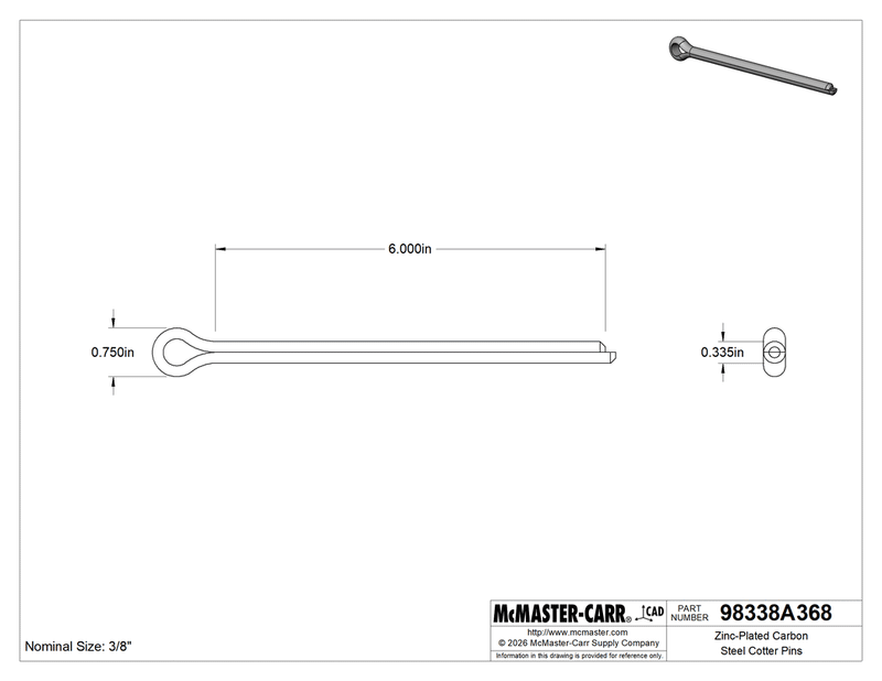 McMaster 98338A368 Zinc-Plated Carbon Steel Cotter Pins 3/8" Diameter, 6" Long PK5