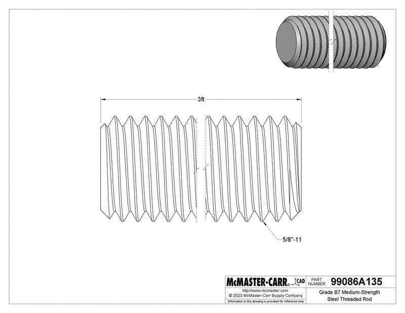 McMaster 99086A135 Grade B7 Medium-Strength Steel Threaded Rod Zinc Yellow-Chromate Plated, 5/8"-11 Thread Size, 3 Feet Long