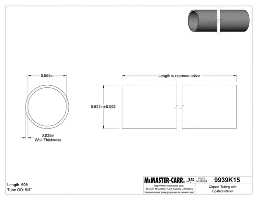 McMaster 9939K35 Copper Tubing with Coated Interior 5/8" OD, 0.035" Wall Thickness