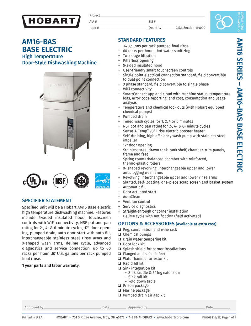 Hobart AM16-BAS-4 Standard 17 Inch Opening High Temp Sanitizing Door Style Dishwasher Single Tank 480 Volts 3 Phase