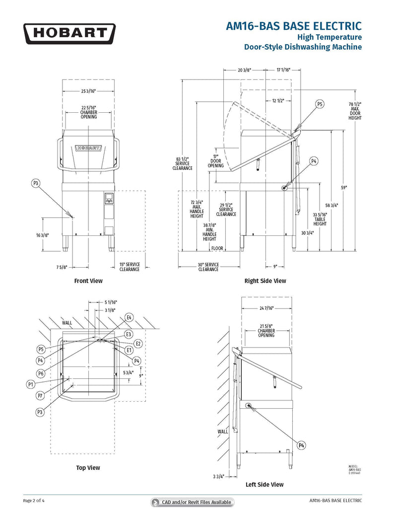Hobart AM16-BAS-4 Standard 17 Inch Opening High Temp Sanitizing Door Style Dishwasher Single Tank 480 Volts 3 Phase