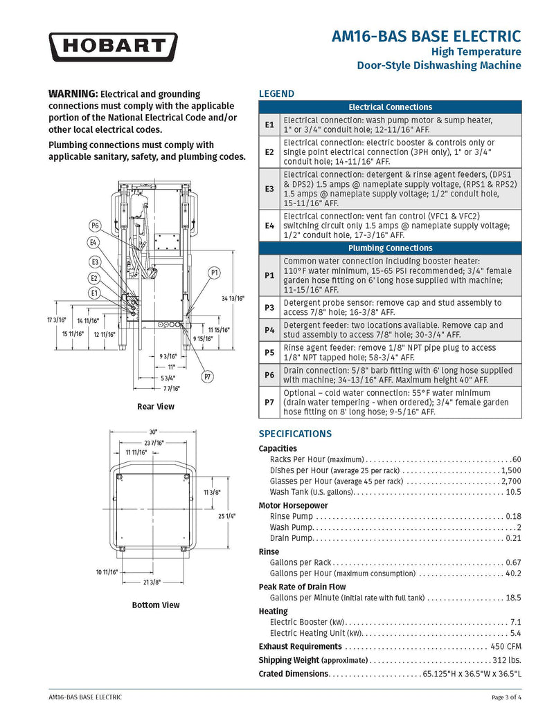 Hobart AM16-BAS-4 Standard 17 Inch Opening High Temp Sanitizing Door Style Dishwasher Single Tank 480 Volts 3 Phase
