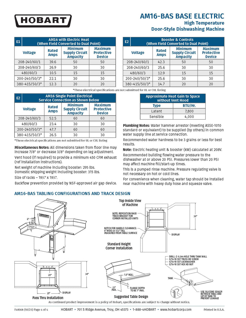 Hobart AM16-BAS-4 Standard 17 Inch Opening High Temp Sanitizing Door Style Dishwasher Single Tank 480 Volts 3 Phase