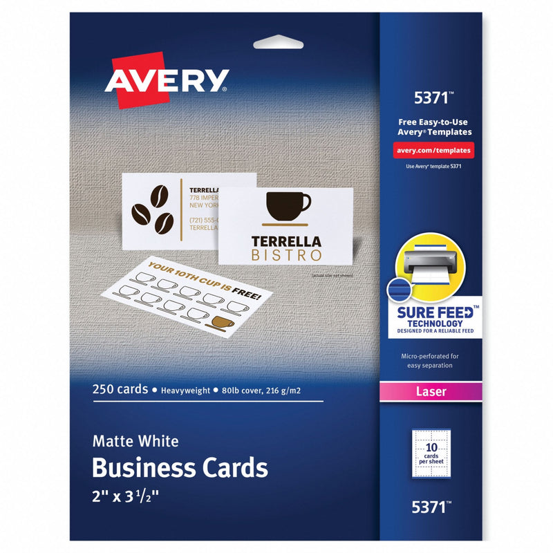 Avery 5371 Printable Business Cards, White Paper, 3-1/2 x 2 in, 250 PK