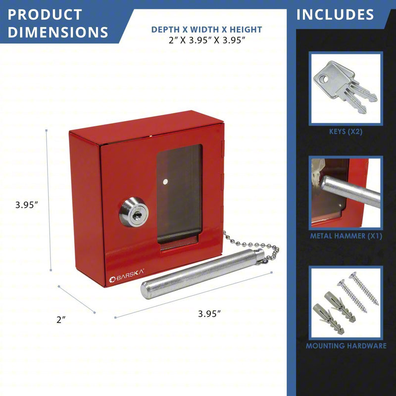Barska AX11838 Key Box 1 Key Capacity, Single Key Lock, Steel, Red, 4 in Ht, 4 in Wd, 2 in Dp, Wall Mount