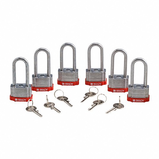 Brady 118978 Keyed Padlock Keyed Alike, Steel, Std Body Body Size, Hardened Steel, Extended, Red