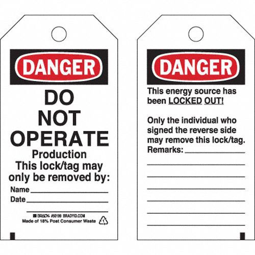 Brady 50199 Danger Tag, Danger, Danger Do Not Operate, Polyester, Date/Name/Remarks, Write-On Surface, Tag
