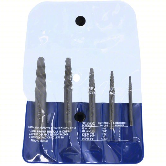 Cleveland C00906 Screw Extractor Set 5 Pc, Spiral Flute, Size #1/#2/#3/#4/#5, #8 to 3/4 in Capacity