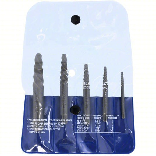 Cleveland C00906 Screw Extractor Set 5 Pc, Spiral Flute, Size #1/#2/#3/#4/#5, #8 to 3/4 in Capacity