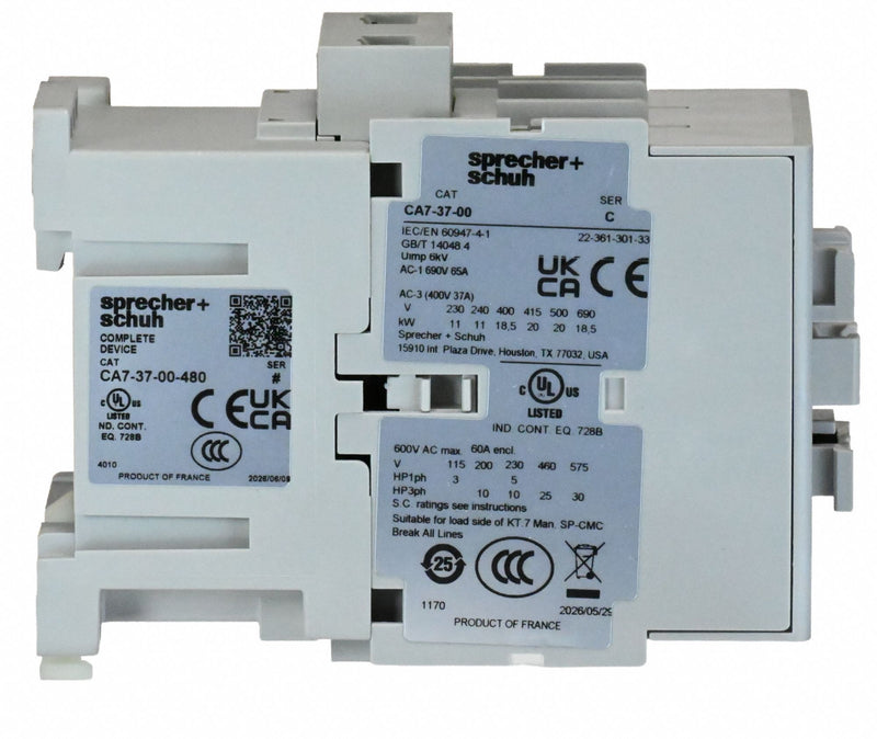 Sprecher + Schuh CA7-37-00-480 CONTACTORS, Non-Reversing, 3 Poles, 3NO Contacts, 37 A, 480V AC Coil