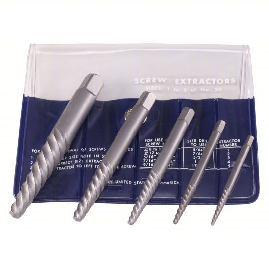 Cleveland C00906 Screw Extractor Set 5 Pc, Spiral Flute, Size #1/#2/#3/#4/#5, #8 to 3/4 in Capacity
