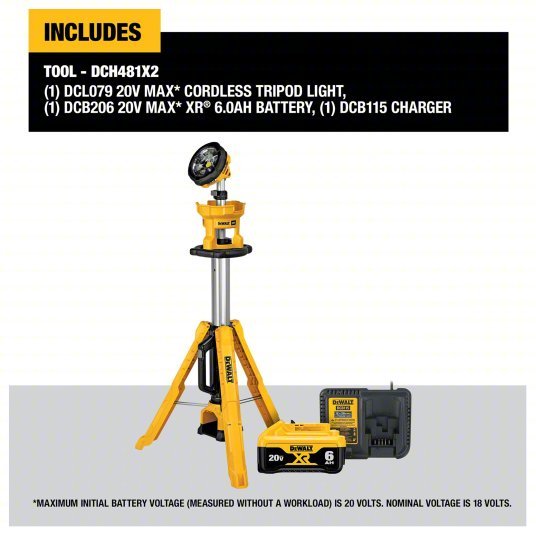 Dewalt DCL079R1 Cordless Tripod Light 20V MAX, Battery Included, 3,000 lm Max., 3 Modes, 88 in Max. Ht