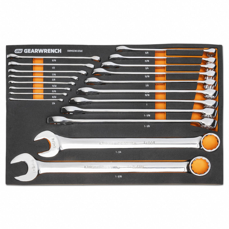 Gearwrench GWMSCWL12SAE Combination Wrench Set, Alloy Steel, Full Polish Chrome, 19 Tools, 15° Head Offset Angle