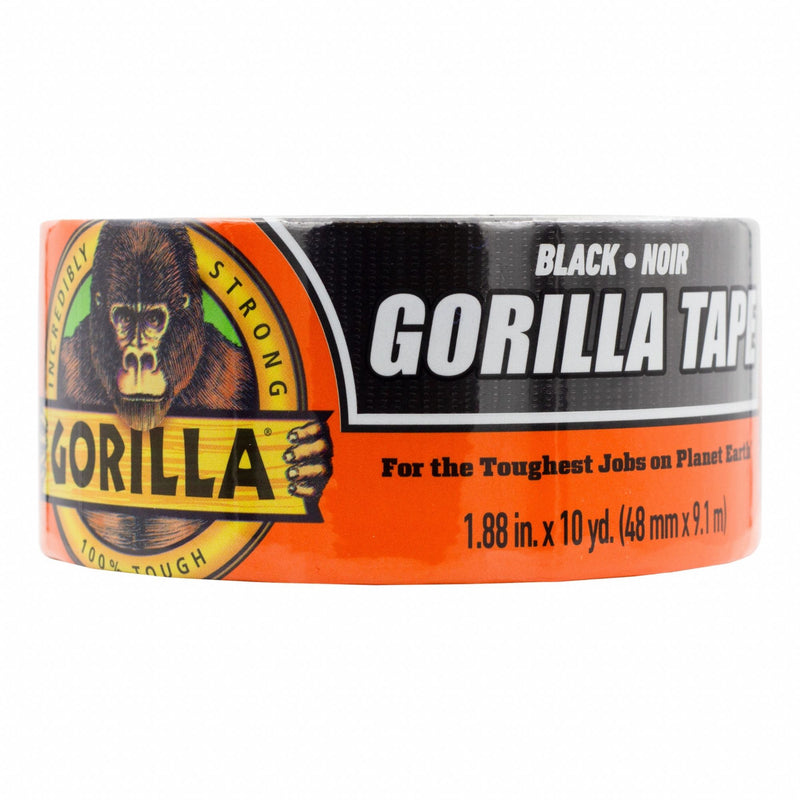 Gorilla 105631 Duct Tape, Heavy Duty, Black, 1-7/8 in W x 10 yd L, 16.75 mil, Rubber Adhesive, Polyethylene Coated Cloth