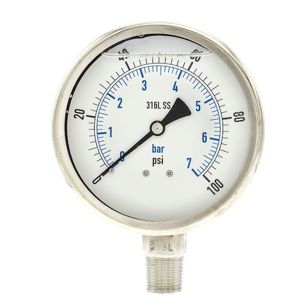 PIC Gauges PRO-301L-402E-01 Industrial Pressure Gauge 0 to 100 psi, 4 in Dial, Liquid-Filled, 1/2 in NPT Male, 300
