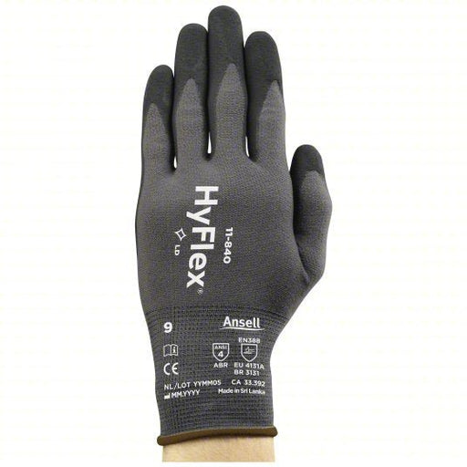 Hyflex 11-840 Coated Gloves L (9), Rough, Foam Nitrile, Palm, Dipped, ANSI Abrasion Level 4, Gray, 1 PR