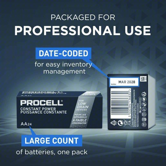 Duracell PC1500BKD Battery AA, Everyday, Alkaline, 1.5V DC, Procell Constant, 24 PK