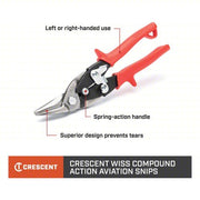 Crescent Wiss M1R Aviation Snip Left, 9 3/4 in Overall Lg, 1 1/2 in Cutting Lg, Steel, Plastic, Steel