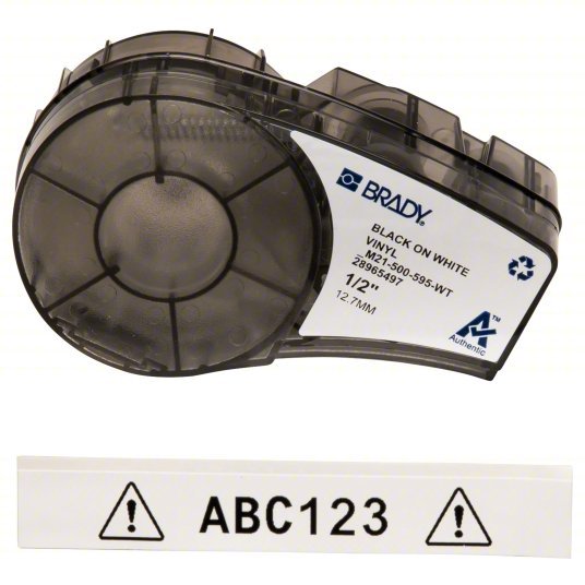 Brady M21-500-595-WT Continuous Label Roll Cartridge 1/2 in x 21 ft, Autoclavable Vinyl, Black on White, Indoor/Outdoor