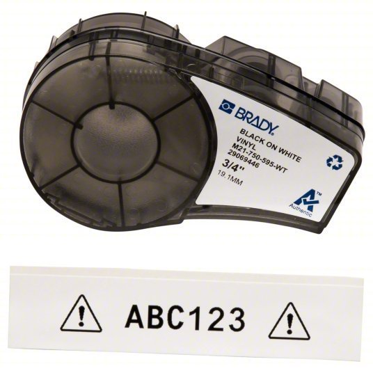 Brady M21-750-595-WT Continuous Label Roll Cartridge 3/4 in x 21 ft, Autoclavable Vinyl, Black on White, Indoor/Outdoor
