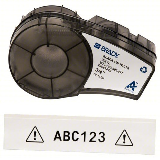 Brady M21-750-595-WT Continuous Label Roll Cartridge 3/4 in x 21 ft, Autoclavable Vinyl, Black on White, Indoor/Outdoor