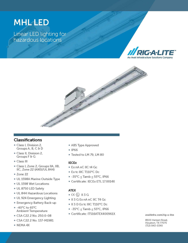 Rig-A-Lite MHL07LC4UMB Linear LED Lighting, Hazardous Location, 4' 54W, Clear, 120-277V