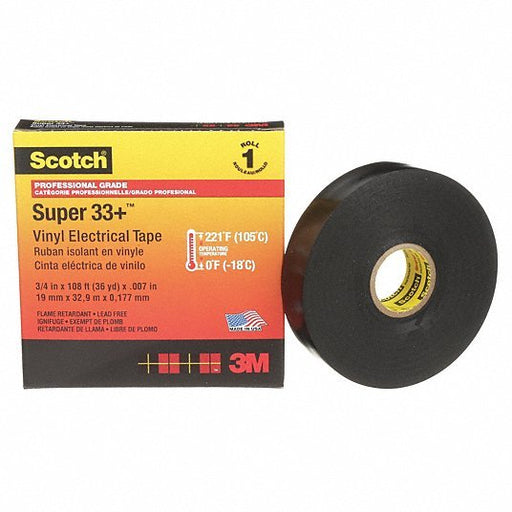 3M 33+ - 3/4X36YD - 1 Electrical Tape 3/4 in Wd, 36 yd Lg, 7 mil Thick, Polyvinyl Chloride Film, Rubber, Black - Redwood.KV791TX2