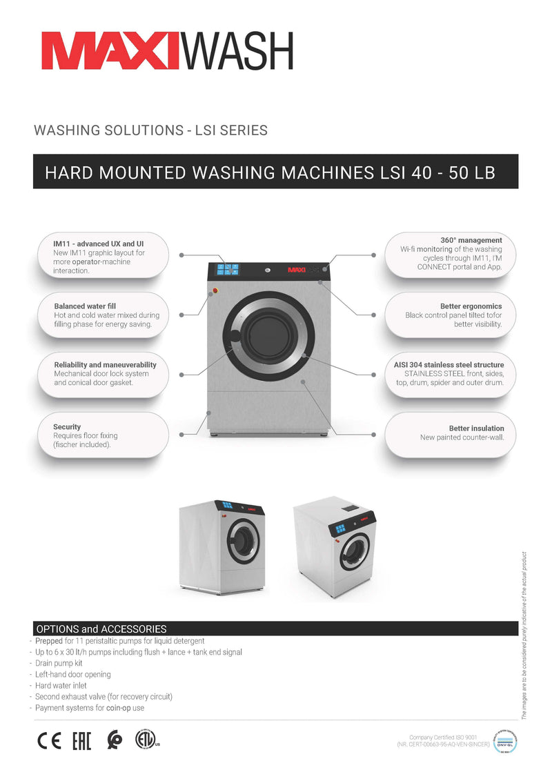 MaxiWash MWLSI-40-E Hard Mount Washer Extractor 40lb (18 kg) Capacity, G-Factor 126, Electric Heated