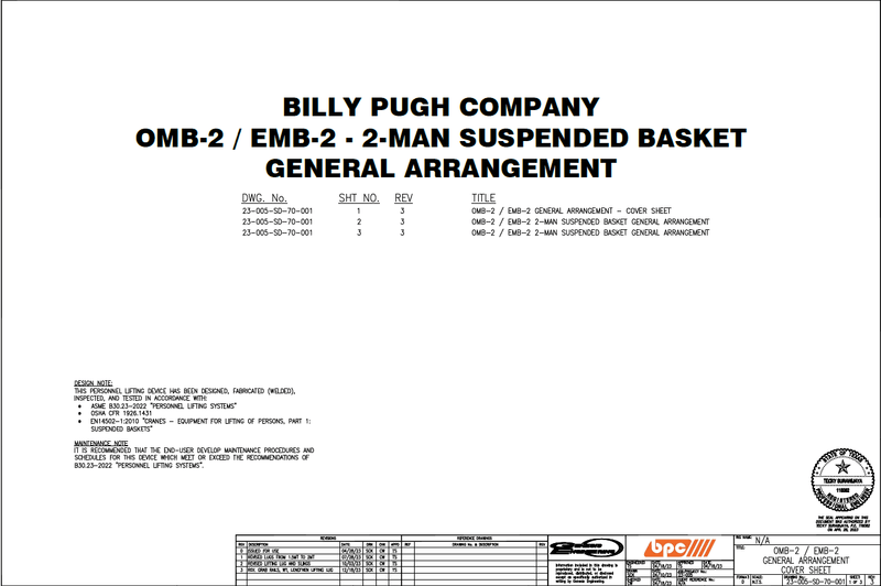 Billy Pugh OMB/EMB-2 (2) Person OSHA Man Basket 4' x 4' x 7' Sling Sold Separately