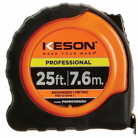 Keson PGPRO10M25V Tape Measure Inch/Engineer's Scale, Nonmagnetic Single Hook Tip, Plastic with Rubberized Grip