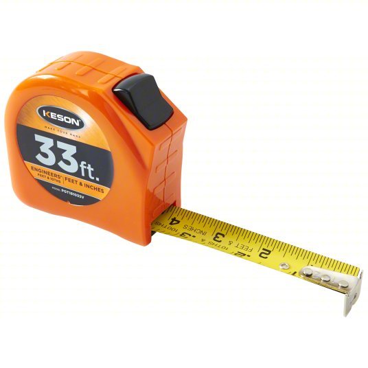 Keson PGT181033V Tape Measure Inch/Engineer's Scale, Nonmagnetic Single Hook Tip, Plastic, 33 ft, Std Blade