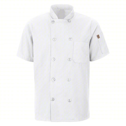 Red Kap 046XWH SS M Chef Coat Men's, M, Short Sleeve, White, 2 Pockets, Stand-Up Collar, Button
